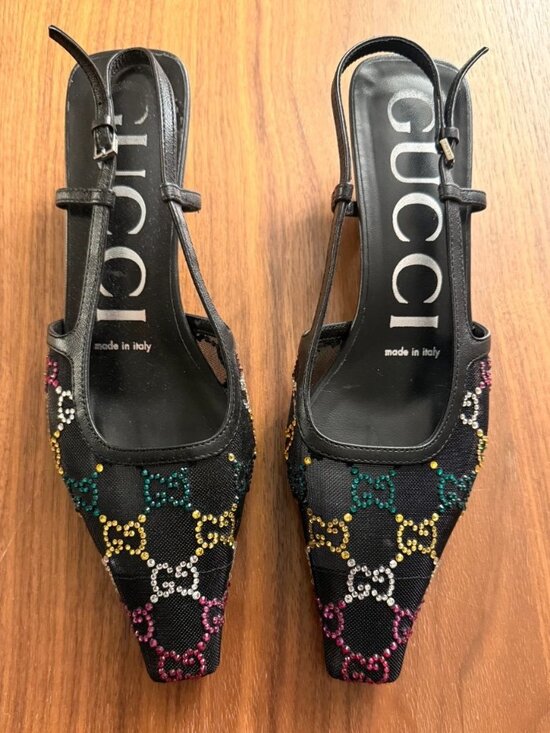 Gucci Shoes - RETAIL $1220 - GUCCI GG MESH CRYSTAL SLINGBACK KITTEN HEEL - 35.5